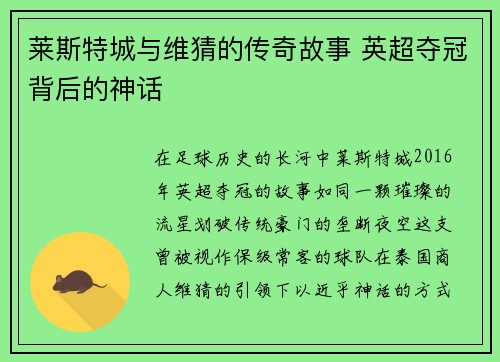 莱斯特城与维猜的传奇故事 英超夺冠背后的神话