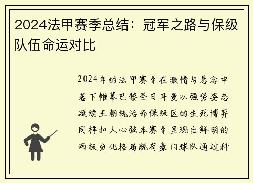 2024法甲赛季总结：冠军之路与保级队伍命运对比