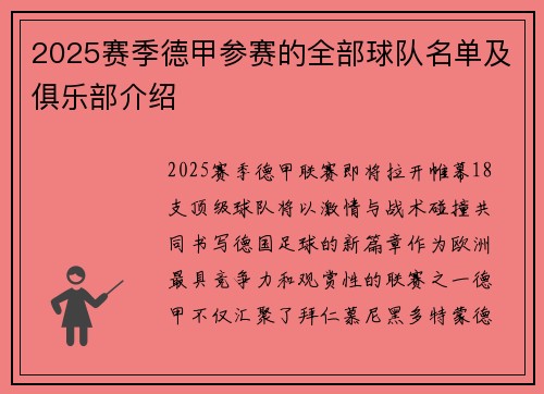 2025赛季德甲参赛的全部球队名单及俱乐部介绍